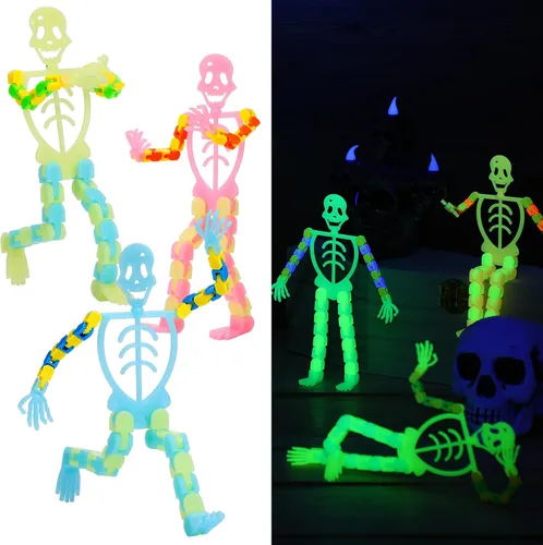 Vista 7 de Poen 30 piezas de juguetes sensoriales de esqueleto de Halloween que brillan en la oscuridad, juguete de cadena transformable, accesorios luminosos