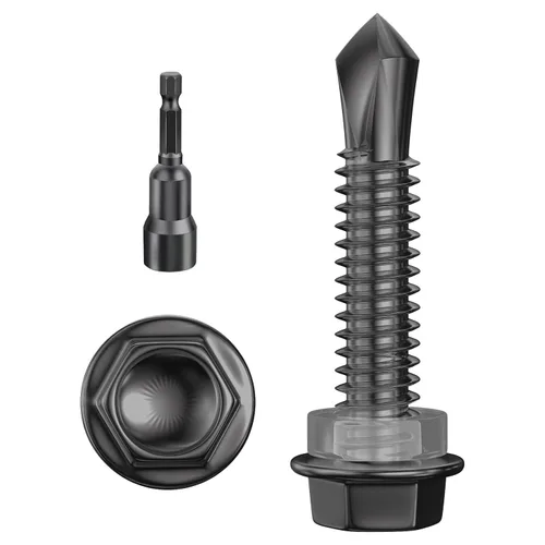 Vista 15 de Wensilon (250 piezas) #8×1" Tornillos autoperforantes de cabeza arandela hexagonal negros, tornillos de chapa metálica de acero inoxidable 410