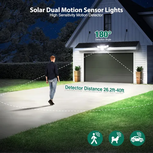 Vista 5 de Luces solares de 4000 lm para exteriores, 310 LED con sensor de movimiento dual, luces solares de 6 cabezales, luces de pared de seguridad, IP65