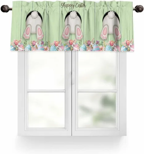 Vista 35 de Cenefa de cortina verde azulado turquesa para ventanas, sala de estar, cocina, baño, granja, tablero de madera rústica, verde y marrón, con bolsillo