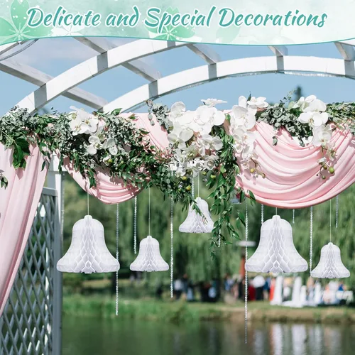 Vista 4 de 10 campanas de boda colgantes de panal, decoración de boda, campanas de panal de abeja, suministros de decoración con 2 rollos de cinta