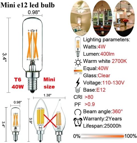 Vista 5 de LiteHistory - Bombilla LED T6 regulable (40 W, 2700 K, 400 lm, 4 W, e12 Edison, 6 unidades), transparente, candelabro