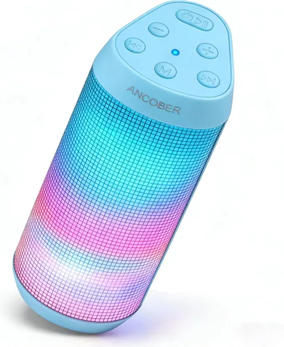 ANCOBER Altavoz Bluetooth, altavoz inalámbrico portátil con sonido estéreo de cristal HD, luces LED, IPX4 impermeable, emparejamiento TWS, BT5.3,