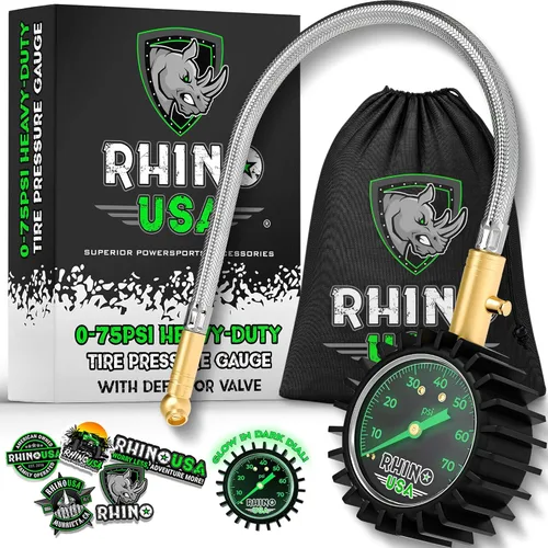 Rhino Usa – Medidor de presión de los neumáticos resistente - Certificado ANSI B40.1 preciso, dial de 2" brillante de fácil lectura, Manguera