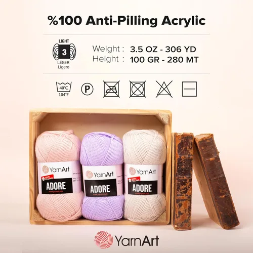 Vista 3 de 1 madeja YarnArt Adore, hilo antipilling, 100% acrílico antipilling, 100 g (3.5 oz), 280 m (306 yd), 3: Light-DK, Verde bebé - 358