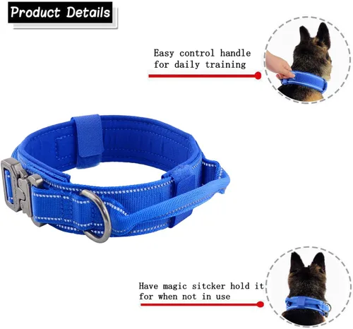 Vista 4 de Collar táctico para perro con hebilla de metal resistente y asa de control para entrenamiento de perros medianos y grandes (azul brillante, mediano)