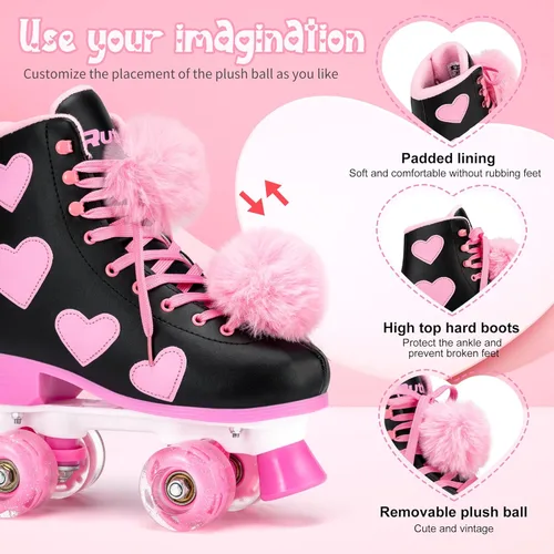 Vista 4 de Ruthfot Patines clásicos para mujeres y niñas con ruedas iluminadas y patrón de corazón de amor, patines de cuero PU de caña alta..