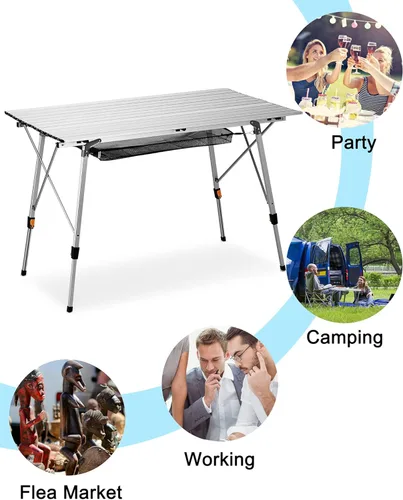Vista 6 de FiveJoy Mesa de campamento plegable portátil para exteriores, mesa de campamento de picnic con patas de aluminio, altura ajustable, mesa enrollable