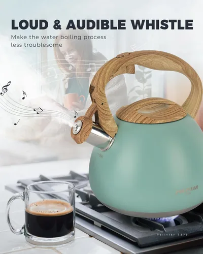 Vista 4 de POLIVIAR Hervidor de té, 2.7 cuartos de galón con acabado azul y mango de madera con silbato fuerte, tetera de acero inoxidable de grado