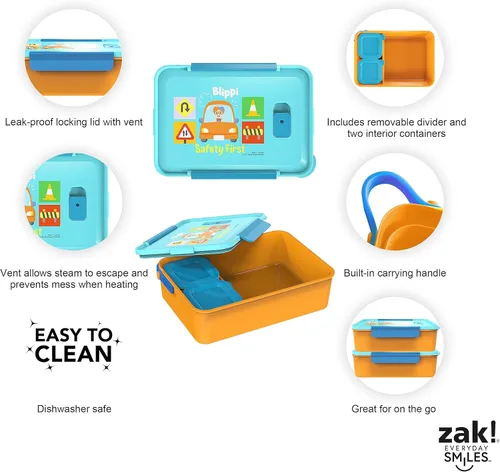 Vista 5 de Zak Designs Blippi Caja Bento de plástico reutilizable con sello a prueba de fugas, asa de transporte, ventilación de vapor para microondas