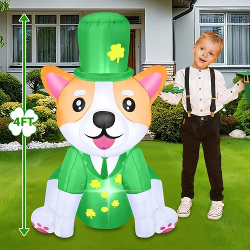 Vista 4 de B&D Decoraciones inflables de Corgi para el día de San Patricio, de 4 pies, lindo perro inflable vestido con traje verde y sombrero de copa