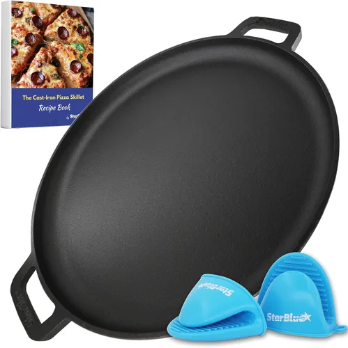 Sartén de Pizza Redonda/Plancha de Hierro Fundido de 16 Pulgadas por StarBlue con Asas de Silicona GRATIS y Libro Electrónico de 30 Recetas – Comal