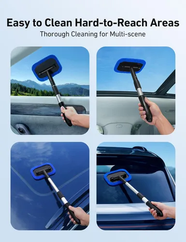 Vista 6 de AstroAI Limpiaparabrisas, 4 almohadillas de microfibra reutilizables y lavables, para ventana de vehículo, mango telescópico, extensible, kit