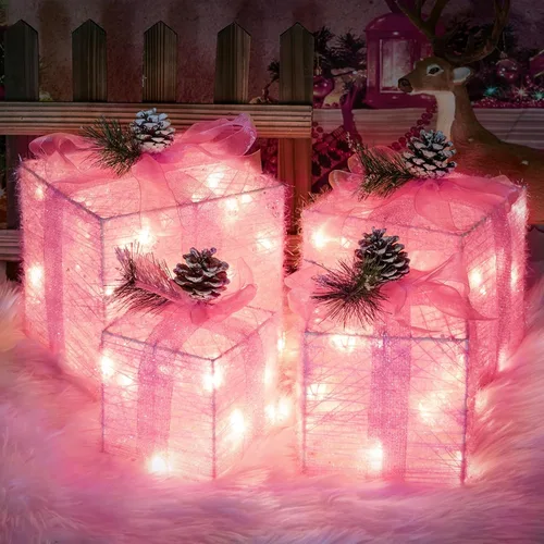 Vista 11 de COVFEVER Cajas de Regalo Iluminadas de Navidad, Juego de 4 Cajas de Regalo con Luces Preinstaladas, Juego de Cajas de Regalo Iluminadas que