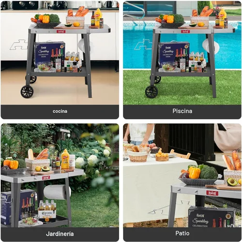 Vista 7 de Feasto Carro de Parrilla al Aire Libre, Mesa con Horno de Pizza con Ruedas, Encimera de Acero Inoxidable con Mesa Extensible Plegable, Carro