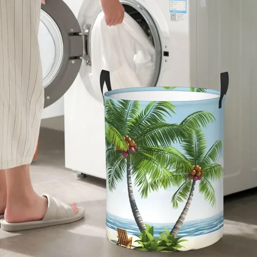Vista 7 de Tropical Palm Tree print Circular Hamper Waterproof Storage Bin Organizer Basket Laundry Hamper With Handles For Clothes Toys Small