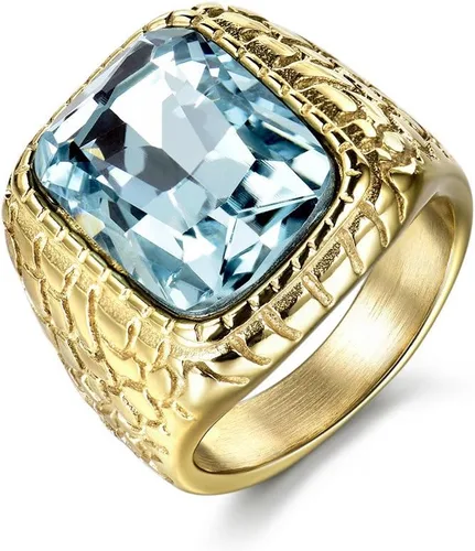 Anillo grabado de acero inoxidable, color dorado, zirconia cúbica, aguamarina, azul sintético, de lujo, para hombre, de MASOP