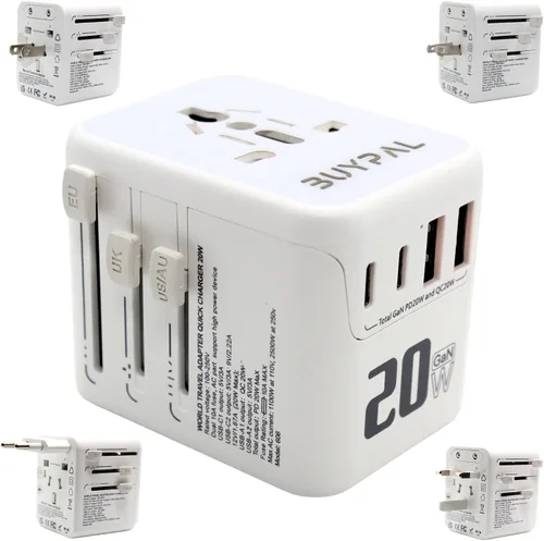 Adaptador de viaje universal 5 en 1, adaptador de corriente internacional GaN de 20 W, 1 CA, 2 USB-C PD carga rápida y 2 USB-A QC, adaptador de