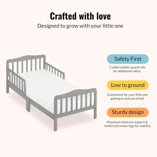 Vista 6 de Dream On Me Cama para niños pequeños de diseño clásico en gris claro, cama de madera baja al piso con rieles de seguridad, certificada GREENGUARD
