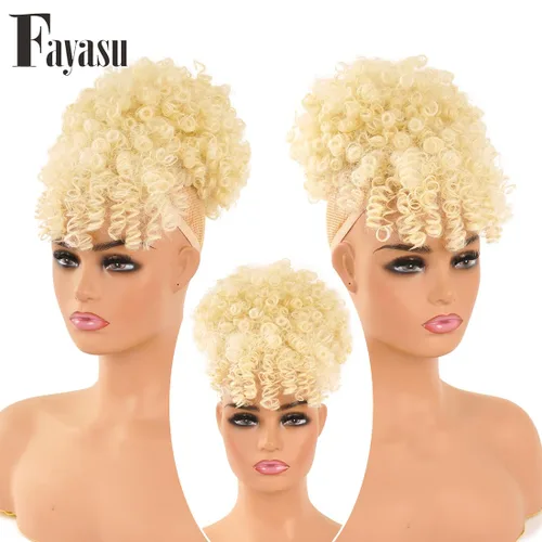 Vista 2 de Extensión de cola de caballo afro rizada Fayasu para mujeres negras, con cordón, cola de caballo con cabello rizado y flequillo, extensión