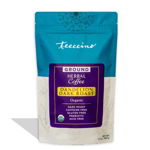 Vista 23 de Teeccino Alternativa de Café de Achicoria Diente de León Arándano Vainilla - Café Herbal Molido que es Prebiótico, Sin Cafeína y Sin Ácido, Tostado