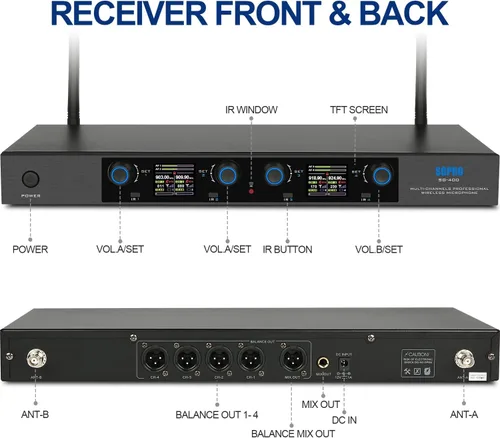 Vista 6 de SGPRO Sistema de micrófono inalámbrico de 4 manos con 65 canales UHF cada uno, rango de 262 pies, control de volumen, bloqueo automático, función