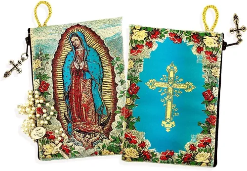 Nuestra Señora de Guadalupe Cruz en la parte posterior Tapicería Rosario Icono Bolsa 5 3/8 pulgadas
