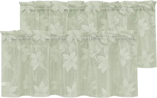 Vista 30 de DWCN Paquete de 2 cortinas traslúcidas pequeñas de encaje floral beige para cocina, cortinas traslúcidas ligeras con bolsillo para barra, cortinas