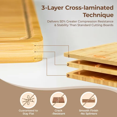 Vista 4 de Piklohas Juego de 4 tablas de cortar grandes de bambú para cocina, tabla de charcutería de bambú con soporte antideslizante, bandeja para servir