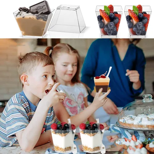 Vista 6 de Paquete de 50 tazas de postre de plástico de 5 onzas con tapas y cucharas, tazas de parfait con tapas, vasos de plástico transparente