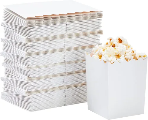 Juvale Paquete de 100 mini cajas de palomitas de maíz para fiestas, contenedores blancos a granel para decoraciones nocturnas de cine (3 x 4