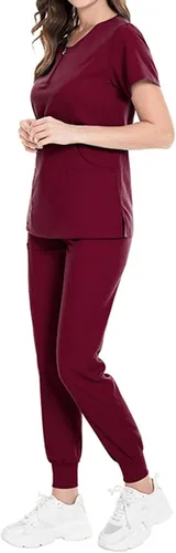 Vista 2 de Conjunto de uniforme médico para mujer, elástico en 4 direcciones, bolsillos ligeros, cuello en V, conjunto de ropa quirúrgica con cordón elástico