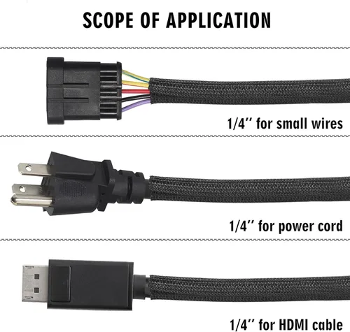 Vista 2 de Malla protectora de cable de 25 pies y 1/4 de pulgada, abierta, para cable USB, cable de alimentación, de audio, funda de cable para gestión