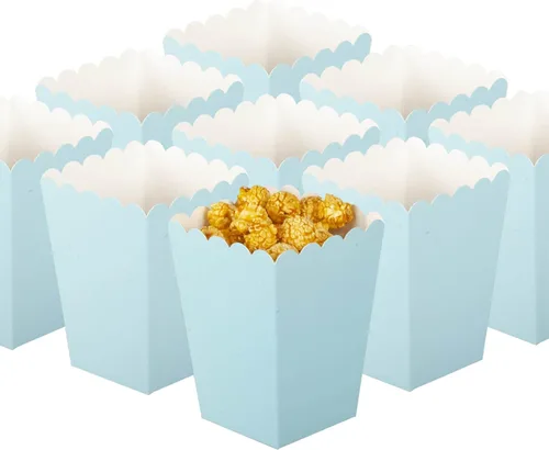 Juego de 36 cajas de palomitas de maíz, color azul claro, cajas de regalo de palomitas de maíz, contenedor de cartón abierto para suministros de