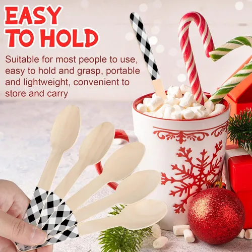 Vista 3 de Umigy 100 cucharas de madera desechables de 5.5 pulgadas, cucharas de madera desechables de Navidad con patrón de cuchara de madera para chocolate