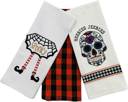 Vista 12 de Haunted - Juego de toallas de mano de cocina de Halloween: Jack O' Lantern Orange Terry Loop, lazo de rizo de punto blanco elevado, diseños