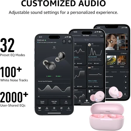 Vista 8 de TOZO Auriculares inalámbricos A1 Bluetooth 5.3 de peso ligero en el oído IPX5 Auriculares impermeables 2 micrófonos para llamadas AI, auriculares