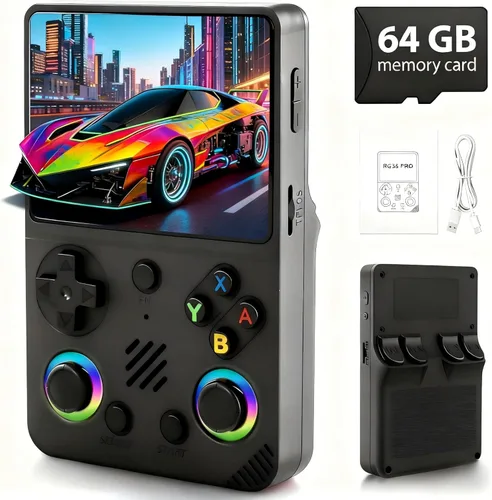 RG36PRO - Consola de juegos de mano retro, compatible con 30000+juegos clásicos, pantalla de 3.5 pulgadas, tarjeta TF 64G, batería de 3000 mAh,