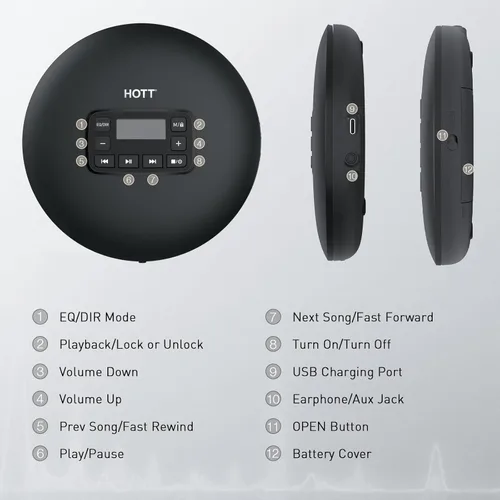 Vista 9 de HOTT C204 Basic Portable CD Player with Anti-Skip Protection - AA Battery Powered, Compact CD Players MP3/CD-R Compatible, Built-in Headphones & AUX