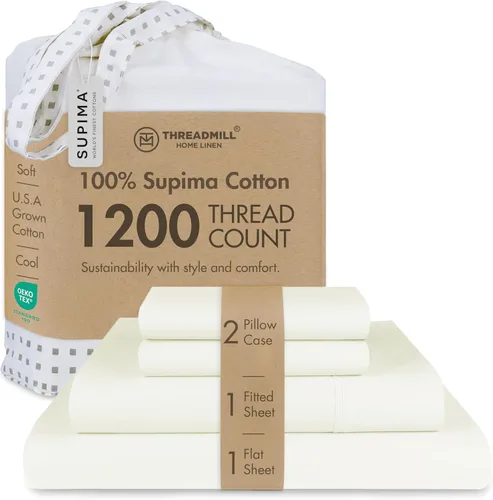 Vista 10 de Threadmill Sábanas de lujo de algodón Supima, sábanas de 100% algodón suaves de 1200 hilos de lujo para cama tamaño matrimonial, juego de 4 sábanas