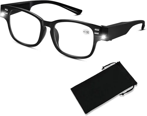 Gafas de lectura con luces y aumento de 1.5 dioptrías, color negro, unisex para adultos
