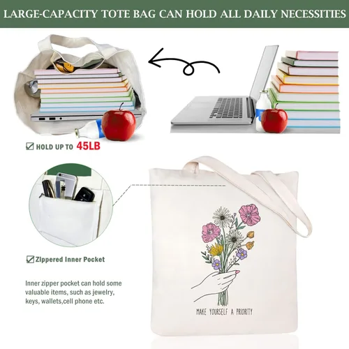 Vista 6 de Andeiltech Bolsa de lona para mujer, estética, bonita, para compras, comestibles, reutilizable, con cremallera interior, regalo para mujer