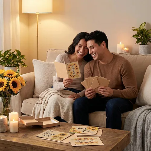 Vista 4 de AnyDesign Paquete de 36 tarjetas de agradecimiento de girasol Kraft surtidas a granel de primavera y verano, tarjetas de notas en blanco