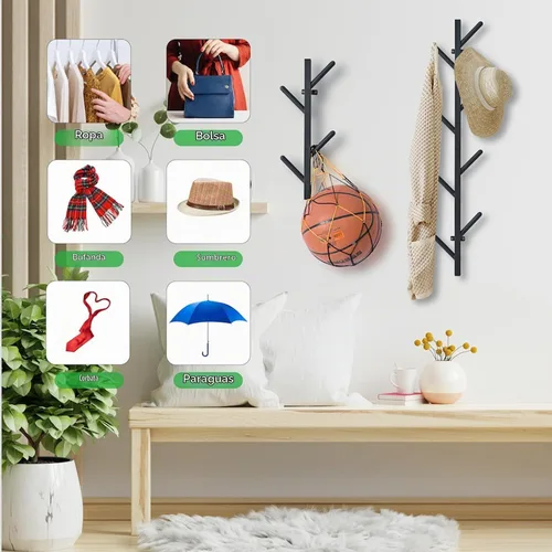 Vista 6 de Juego de 2 percheros negros para pared, perchero para ropa, bolsos, gorras, ganchos verticales de metal para sala de estar, dormitorio, entrada