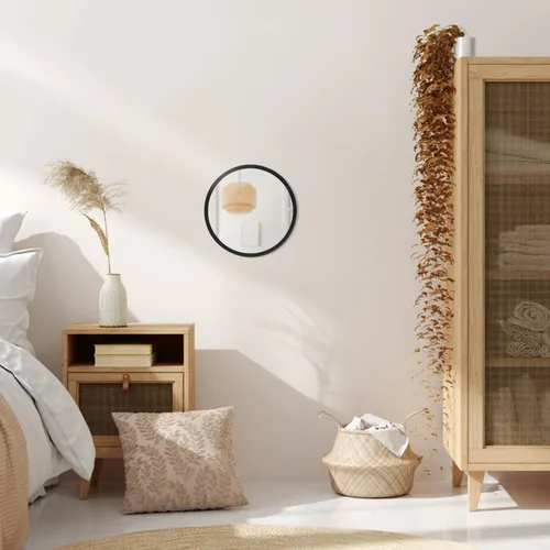 Vista 4 de Espejo de pared redondo con marco de madera, 9.1 in de pared, espejos decorativos para dormitorio, espejo circular, estilo granja, espejo de pared