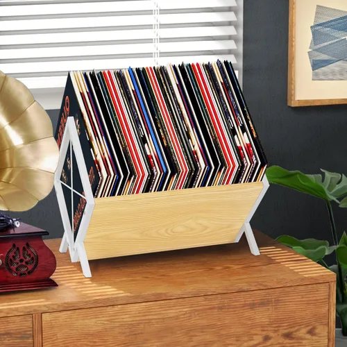 Vista 7 de YINMIT Soporte para discos de vinilo, estante de almacenamiento de discos de vinilo de 80-100 LP, pantalla de discos de vinilo de montaje rápido