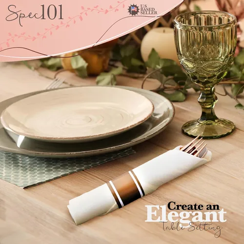 Vista 7 de Juego de cubiertos desechables de oro rosa para fiestas, juego de 180 cubiertos desechables preenrollados envueltos individualmente con servilletas