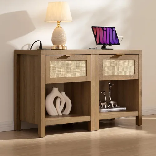 SICOTAS Juego de 2 mesitas de noche con estación de carga, mesita de noche de ratán con cajón, mesa de noche bohemia con puertos USB y tipo C, mesas