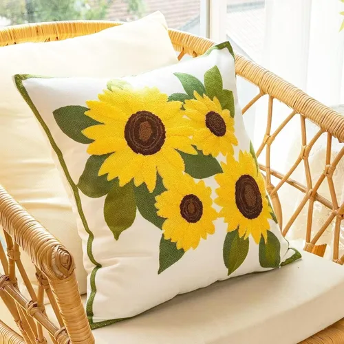 Vista 7 de Fundas de almohada con bordado de girasoles de 18 x 18 pulgadas, 4 fundas de cojín decorativas florales 100% algodón, decoración del hogar, flores
