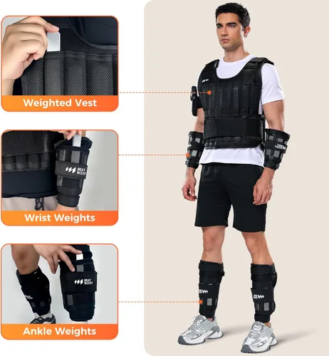 Vista 2 de BeatBoost Chaleco con peso para hombre, 20 libras, 30 libras, 40 libras, 50 libras, 60 libras, chaleco de peso ajustable con placas de acero, pesas